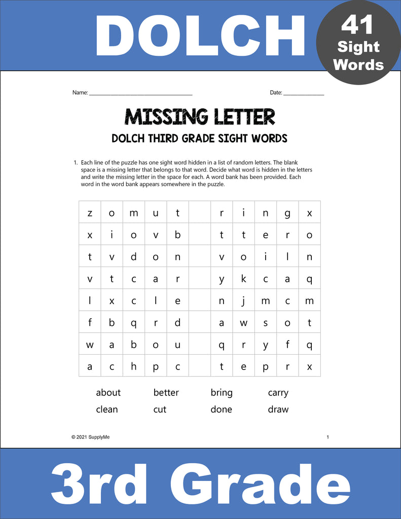 Third Grade Sight Words Worksheets - Missing Letter, All 41 Dolch 3rd Grade Sight Words