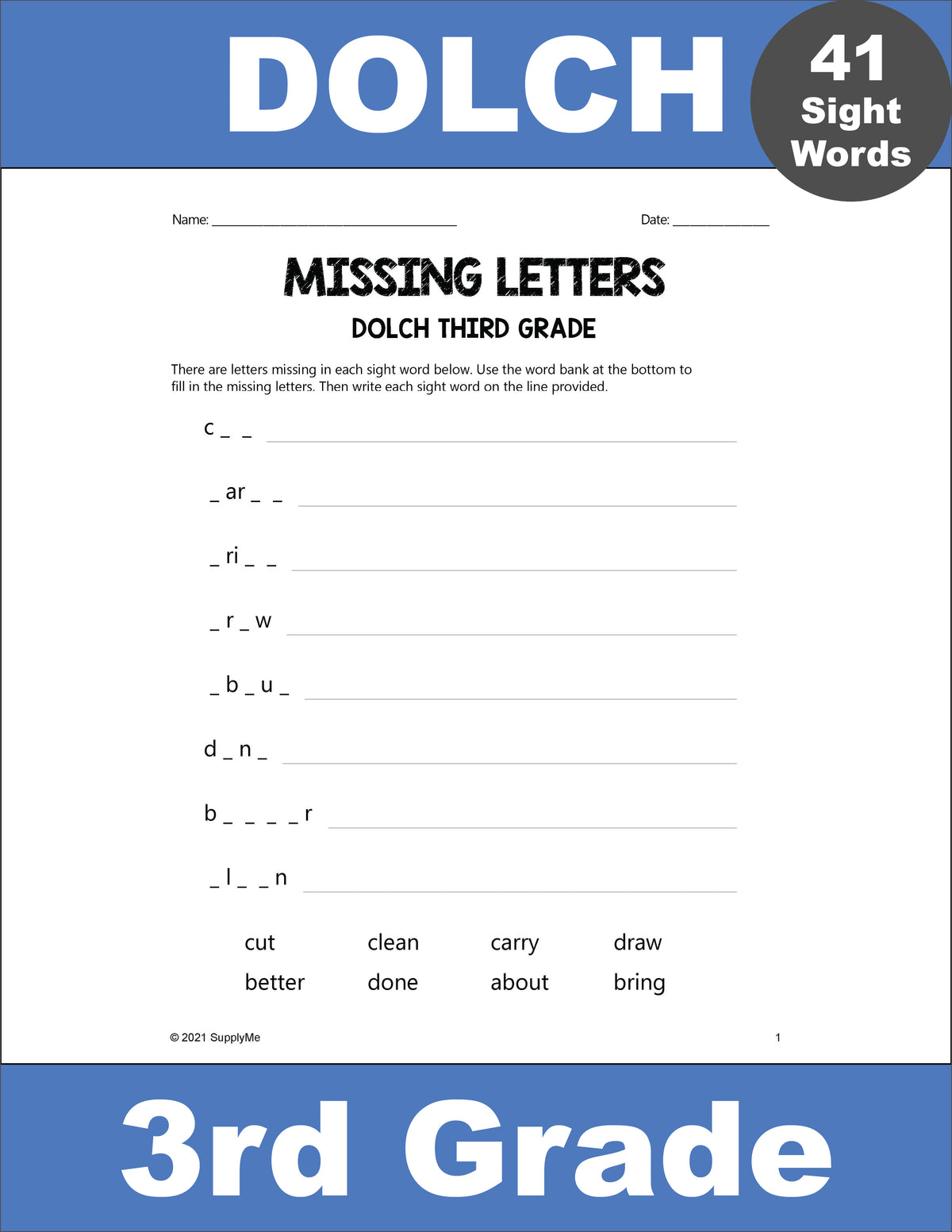 FREE Third Grade Sight Words Worksheets - Missing Letters, All 41 Dolch 3rd Grade Sight Words