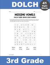 Third Grade Sight Words Worksheets - Missing Vowels, All 41 Dolch 3rd Grade Sight Words