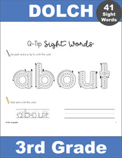 Third Grade Sight Words Worksheets - Q-Tip Painting Printables With Tracing And Handwriting Practice, 6 Variations For Each Of The 41 Dolch 3rd Grade Sight Words, 246 Total Pages