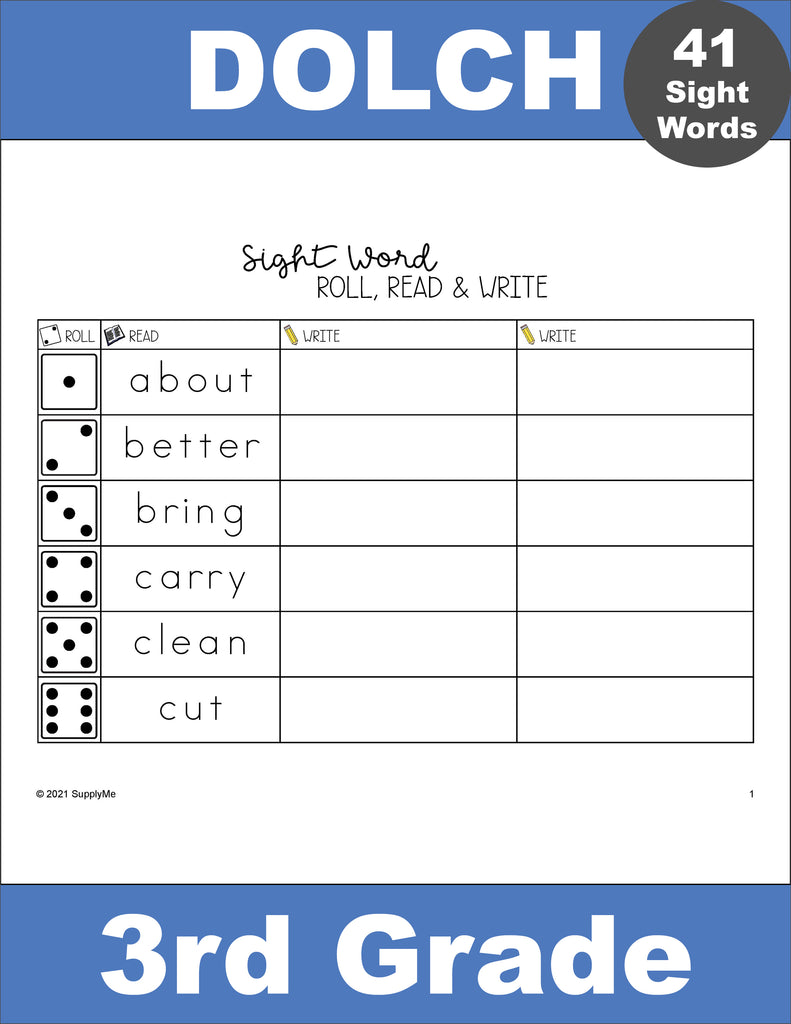 Third Grade Sight Word Worksheets - Roll, Read, And Write, 7 Variations, All 41 Dolch 3rd Grade Sight Words, 49 Total Pages