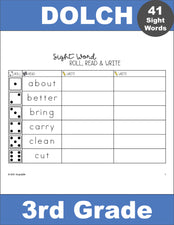 Third Grade Sight Word Worksheets - Roll, Read, And Write, 7 Variations, All 41 Dolch 3rd Grade Sight Words, 49 Total Pages