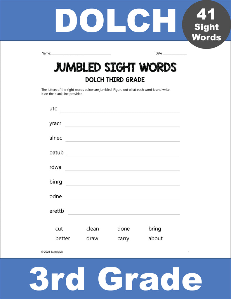 Third Grade Sight Words Worksheets - Word Jumbles, All 41 Dolch 3rd Grade Sight Words