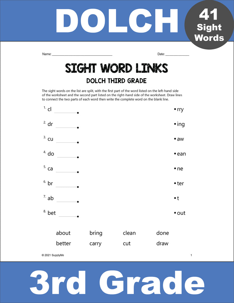 Third Grade Sight Words Worksheets - Word Links, All 41 Dolch 3rd Grade Sight Words