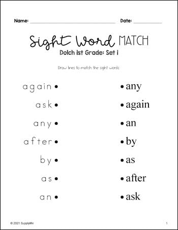 Sight Word Worksheets - Sight Words Matching, 4 Variations,  All 220 Dolch Sight Words, Grades PreK-3, 119 Total Pages