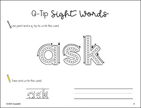First Grade Sight Words Worksheets - Q-Tip Painting Printables With Tracing And Handwriting Practice, 6 Variations For Each Of The 41 Dolch 1st Grade Sight Words, 246 Total Pages