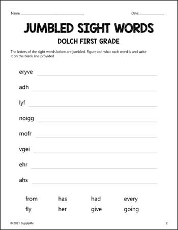 First Grade Sight Words Worksheets - Word Jumbles, All 41 Dolch 1st Grade Sight Words