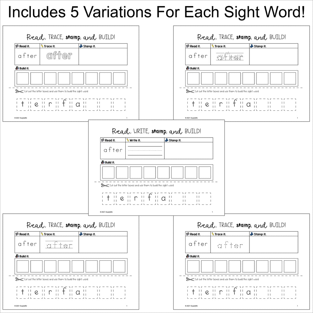 First Grade Sight Words Worksheets - Read, Write, Stamp, And Build, 5 Variations, All 41 Dolch 1st Grade Sight Words, 205 Total Pages