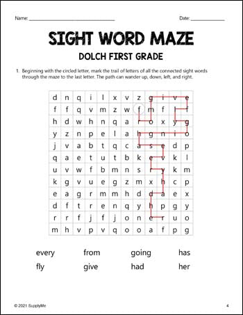 First Grade Sight Words Worksheets - Sight Word Maze, All 41 Dolch 1st Grade Sight Words