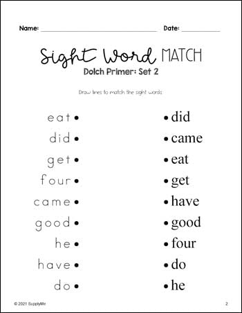 Kindergarten Sight Word Worksheets - Sight Words Matching, 4 Variations, All 52 Dolch Primer Sight Words, 24 Total Pages