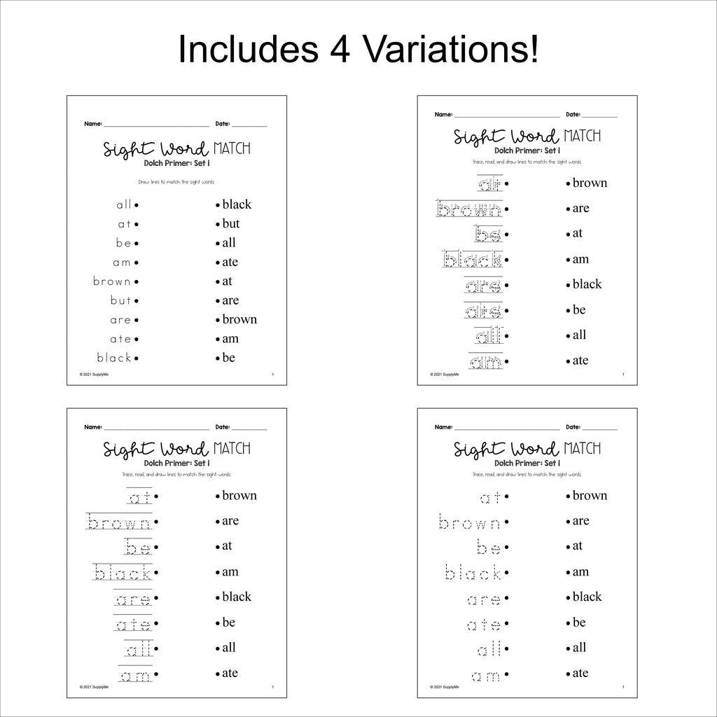 Kindergarten Sight Word Worksheets - Sight Words Matching, 4 Variations, All 52 Dolch Primer Sight Words, 24 Total Pages