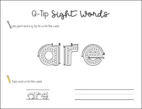 Kindergarten Sight Words Worksheets - Q-Tip Painting Printables With Tracing And Handwriting Practice, 6 Variations For Each Of The 52 Dolch Primer Sight Words, 312 Total Pages