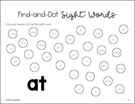 Kindergarten Sight Word Worksheets - Find And Dot Sight Words, All 52 Dolch Primer Sight Words, 52 Pages