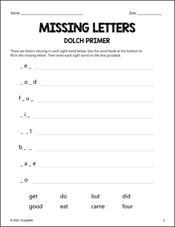 Kindergarten Sight Words Worksheets - Missing Letters, All 52 Dolch Primer Sight Words