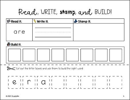 Kindergarten Sight Words Worksheets - Read, Write, Stamp, And Build, 5 Variations, All 52 Dolch Primer Sight Words, 260 Total Pages