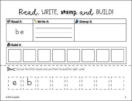 Kindergarten Sight Words Worksheets - Read, Write, Stamp, And Build, 5 Variations, All 52 Dolch Primer Sight Words, 260 Total Pages