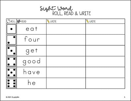 Sight Word Worksheets - Roll, Read, And Write, Includes All 220 Dolch Sight Words, 7 Variations, Grades PreK-3