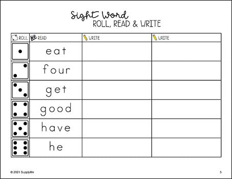 Sight Word Worksheets - Roll, Read, And Write, 7 Variations, All 220 Dolch Sight Words, 266 Total Pages