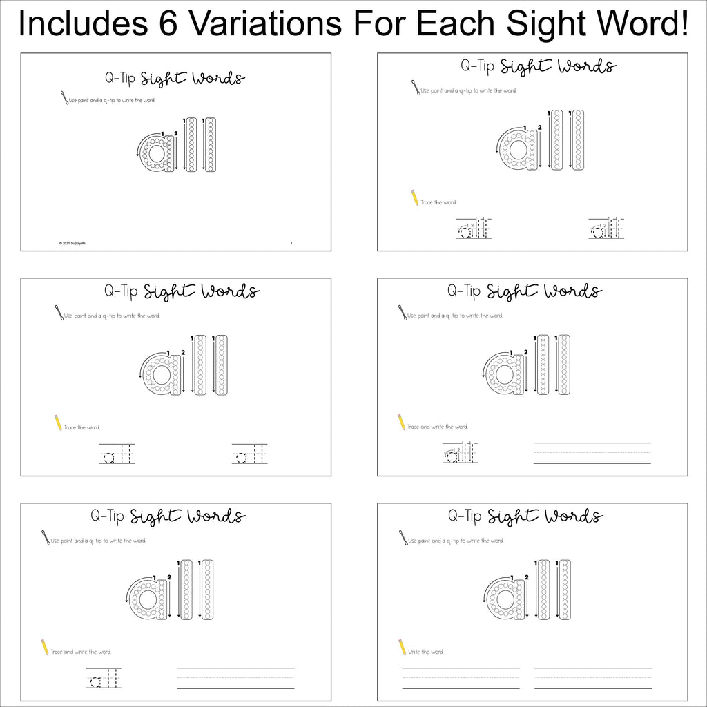 Kindergarten Sight Words Worksheets - Q-Tip Painting Printables With Tracing And Handwriting Practice, 6 Variations For Each Of The 52 Dolch Primer Sight Words, 312 Total Pages