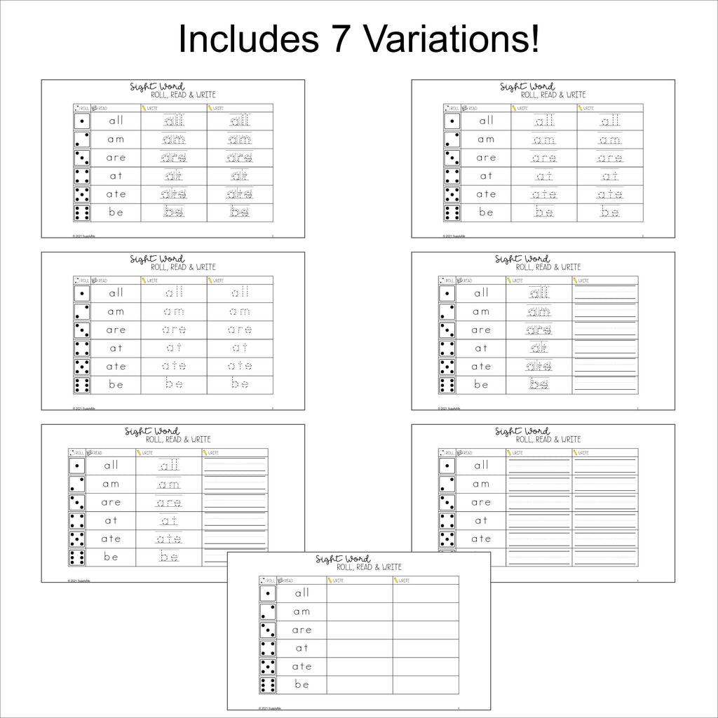 Sight Word Worksheets - Roll, Read, And Write, Includes All 220 Dolch Sight Words, 7 Variations, Grades PreK-3