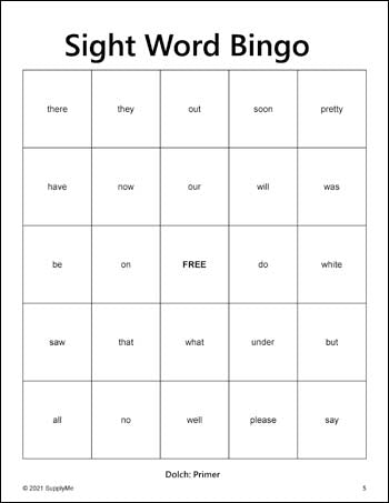 Kindergarten Sight Words Bingo, All 52 Dolch Primer Sight Words