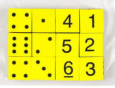 16mm Foam Dice 12pk. Yellow Spot & Number