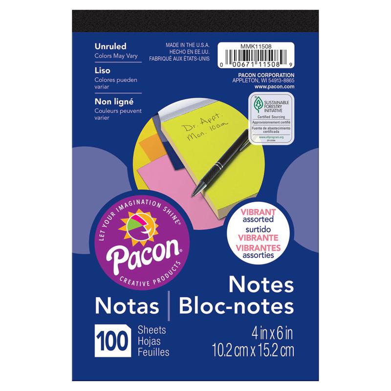 Pacon® Note Pad, 4" x 6" Assorted Fluorescent Colors (100 Sheets)