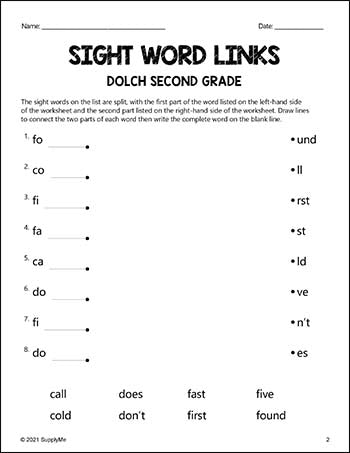 Second Grade Sight Words Worksheets - Word Links, All 46 Dolch 2nd Grade Sight Words
