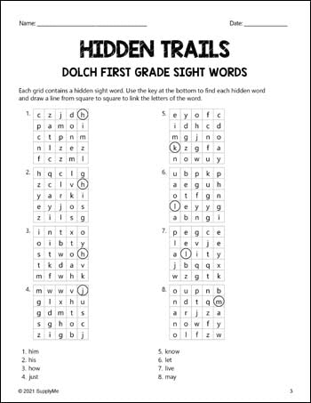 First Grade Sight Words Worksheets - Hidden Trails, 2 Variations, All 41 Dolch 1st Grade Sight Words