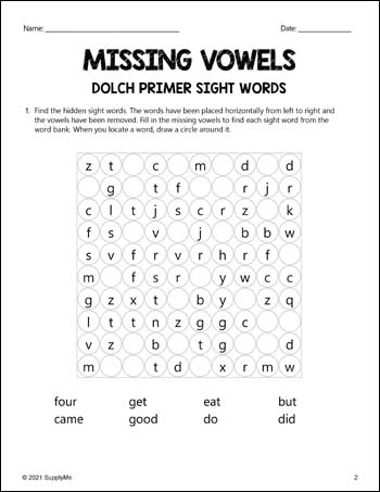 Kindergarten Sight Words Worksheets - Missing Vowels, All 52 Dolch Primer Sight Words