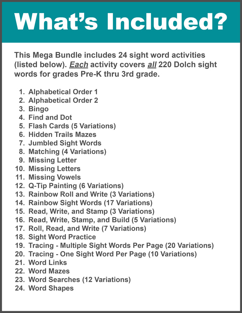Dolch Sight Words Mega Bundle - Grades PreK-3 - Includes All 220 Dolch Sight Words - 24 Activities For Each Grade Level - Sight Word Worksheets, Printables, Flash Cards, And More